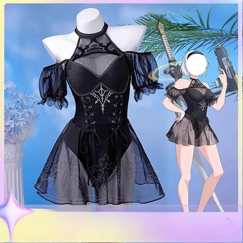 

Game 2B Cosplay YoRHa Costume Black Bodysuit Saree Swimwear Sexy Swimsuits for Women Girls Role Play Outfit Summer Season