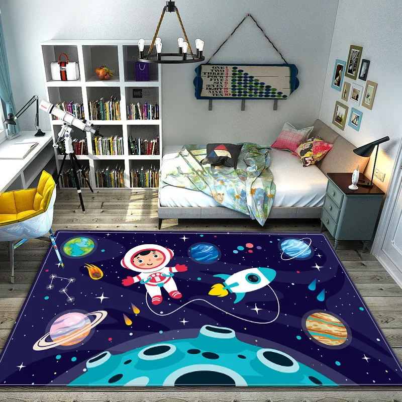 Cartoon Astronaut Carpet Outer Space Universe Planet Area Rug for Kids Boy Playroom Classroom Living Room Decor Non-slip Doormat