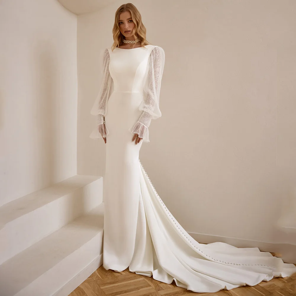 인어 웨딩 드레스 맞춤형 스쿠프 넥 퍼프 슬리브 코트 트레인 스트레치 여성 신부 가운 이슬람 신부 드레스