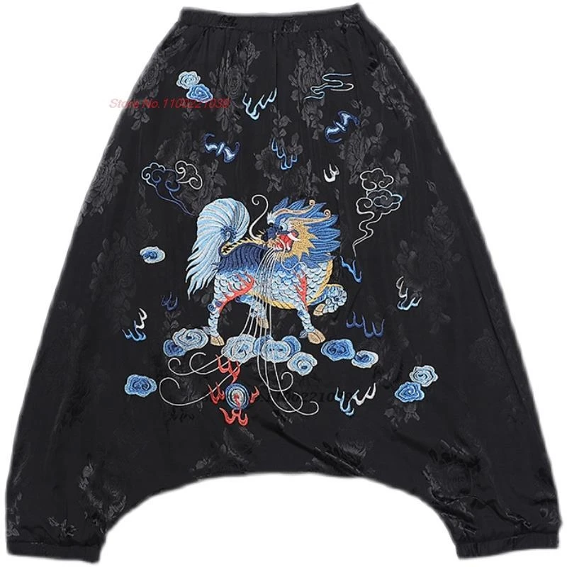 2025 chinese vintage satin jacquard bloomers trousers women national unicorn embroidery harajuku harem pants casual baggy pants