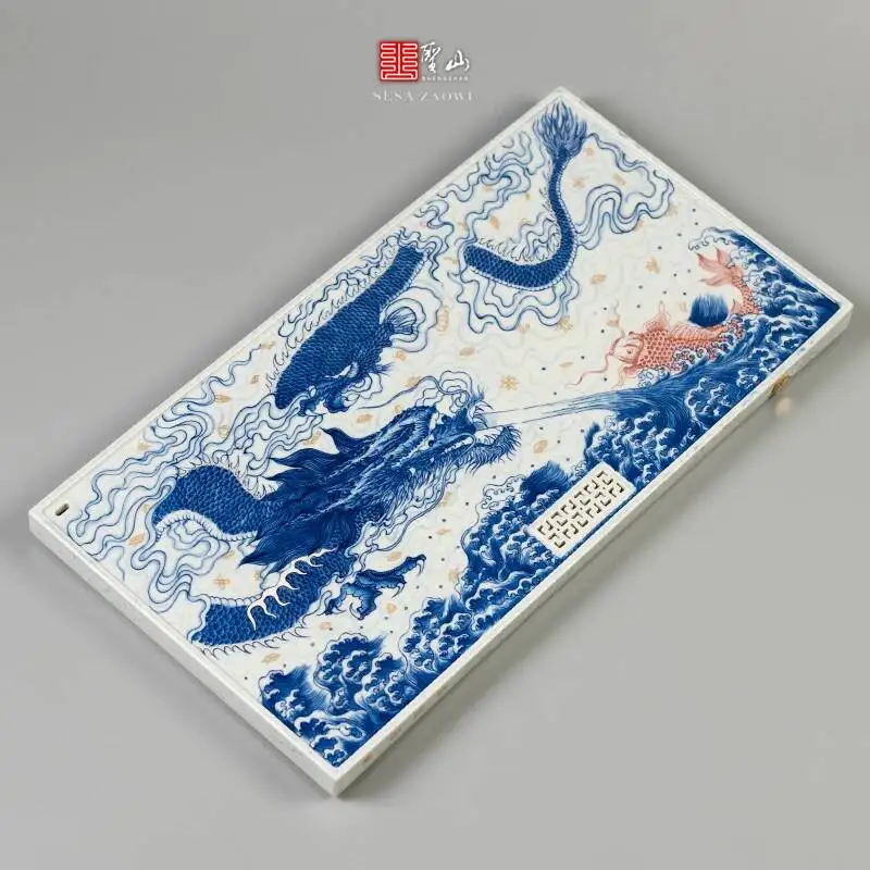 Holy Mountain Jingdezhen Blue White Underglaze Red Handmade Antique Ceramic Set Wet And Dry Tea Tray