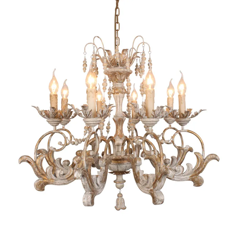 American Living Room Chandelier French Retro Pastoral Country Bed and Breakfast Restaurant Bedroom Candle Solid Wood Old Lamps