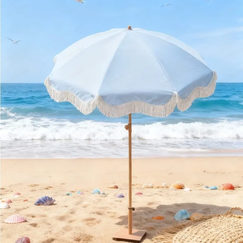 Outdoor Light Blue Large Beach Sun Umbrella, Garden Patio Rain Shelter Tassel Folding Camping Parasol UV Protection