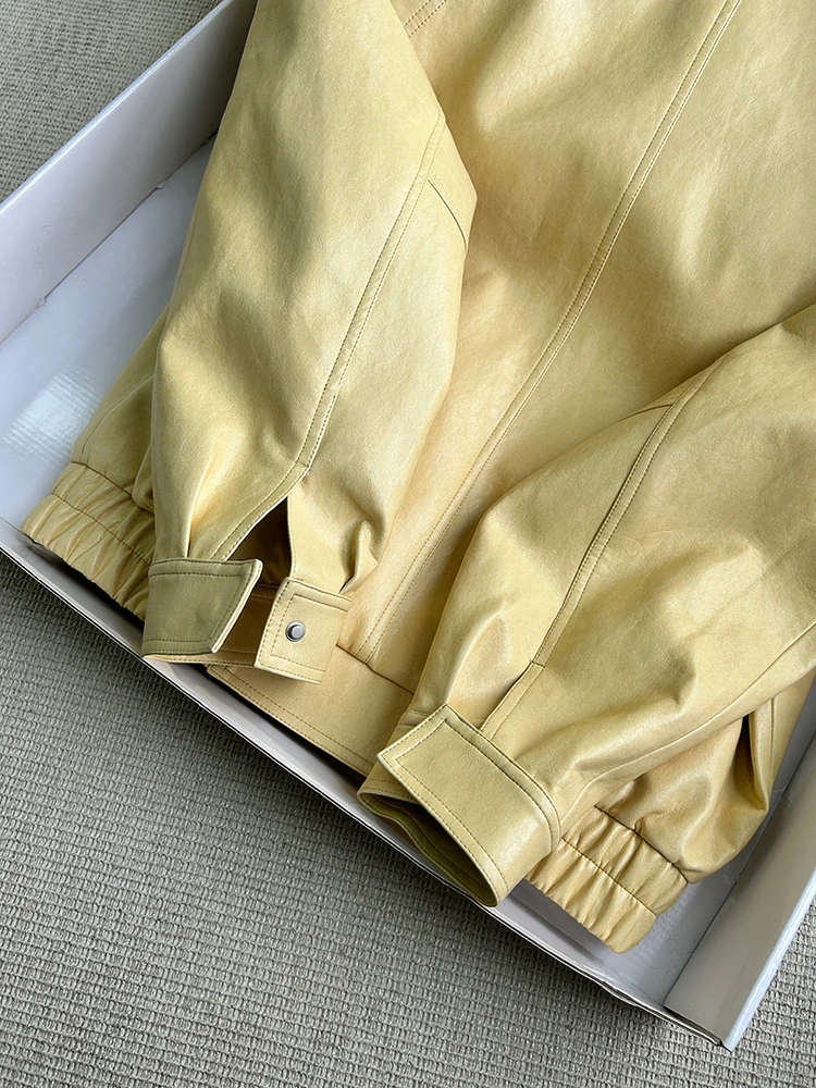Lautaro Frühling Herbst Gelbe PU-Lederjacke für Damen mit Reißverschluss, Langarm, Looe Casual Luxus Designer Amerikanische Retro-Kleidung 2026 – Detail 11
