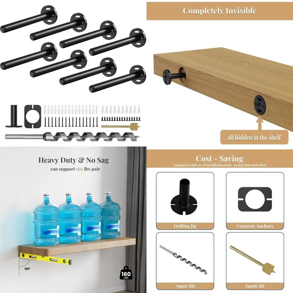 

Heavy Duty Black Floating Shelf Brackets - 8 Pack, Hidden and Invisible for Wall Shelving, Decorative and Strong Support for Hom