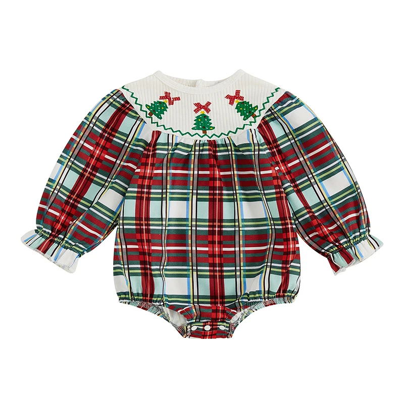 Weihnachts-Overall für Babys, Mädchen, langärmelig, Rundhalsausschnitt, lässig, kariert, bedruckt