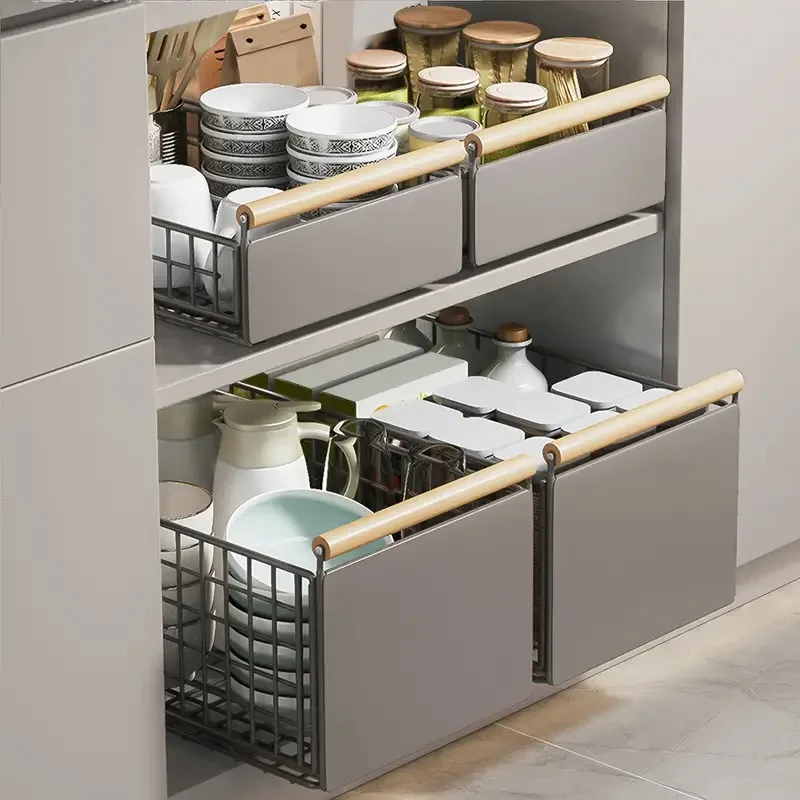 Metal Pull-Out Storage Basket, Slide-Out Cabinet Organizer, Spice and Cutlery Storage Multipurpose Kitchen Cabinet Organizer