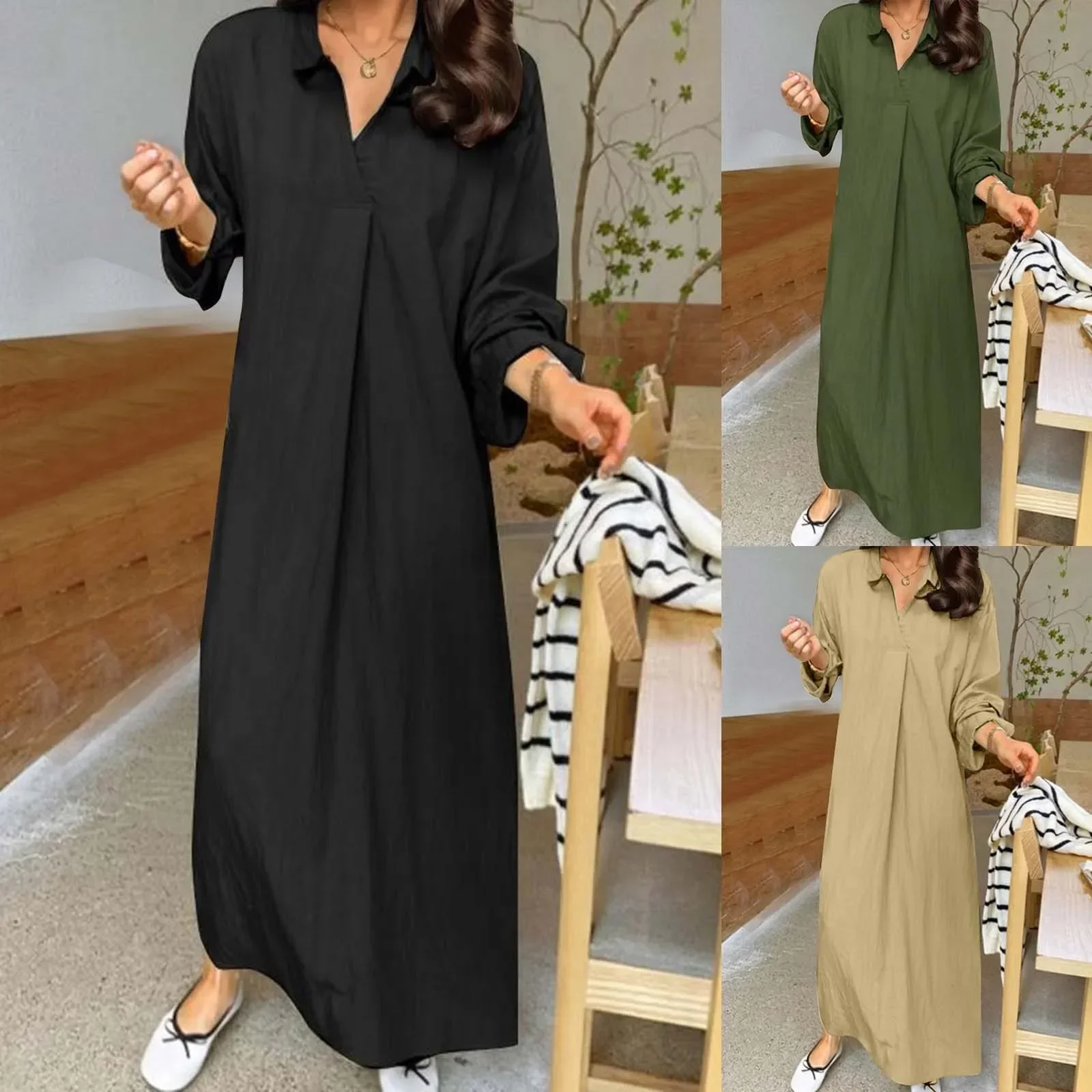 

Women's Loose Long Dress Spring Autumn Elegant Long Sleeve Solid Maxi Dresses for Women Shirt Vestidos Lady Full Length Robe