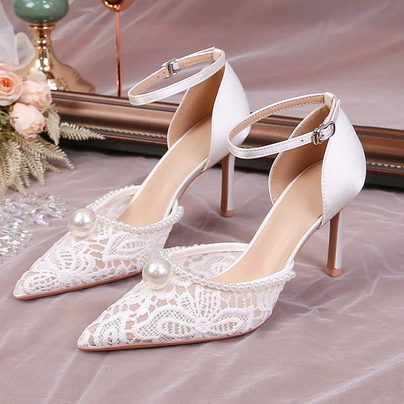 

Spring and summer new pointed hollow lace mesh pearl wedding shoes banquet large size small size thin high-heeled women's sandal