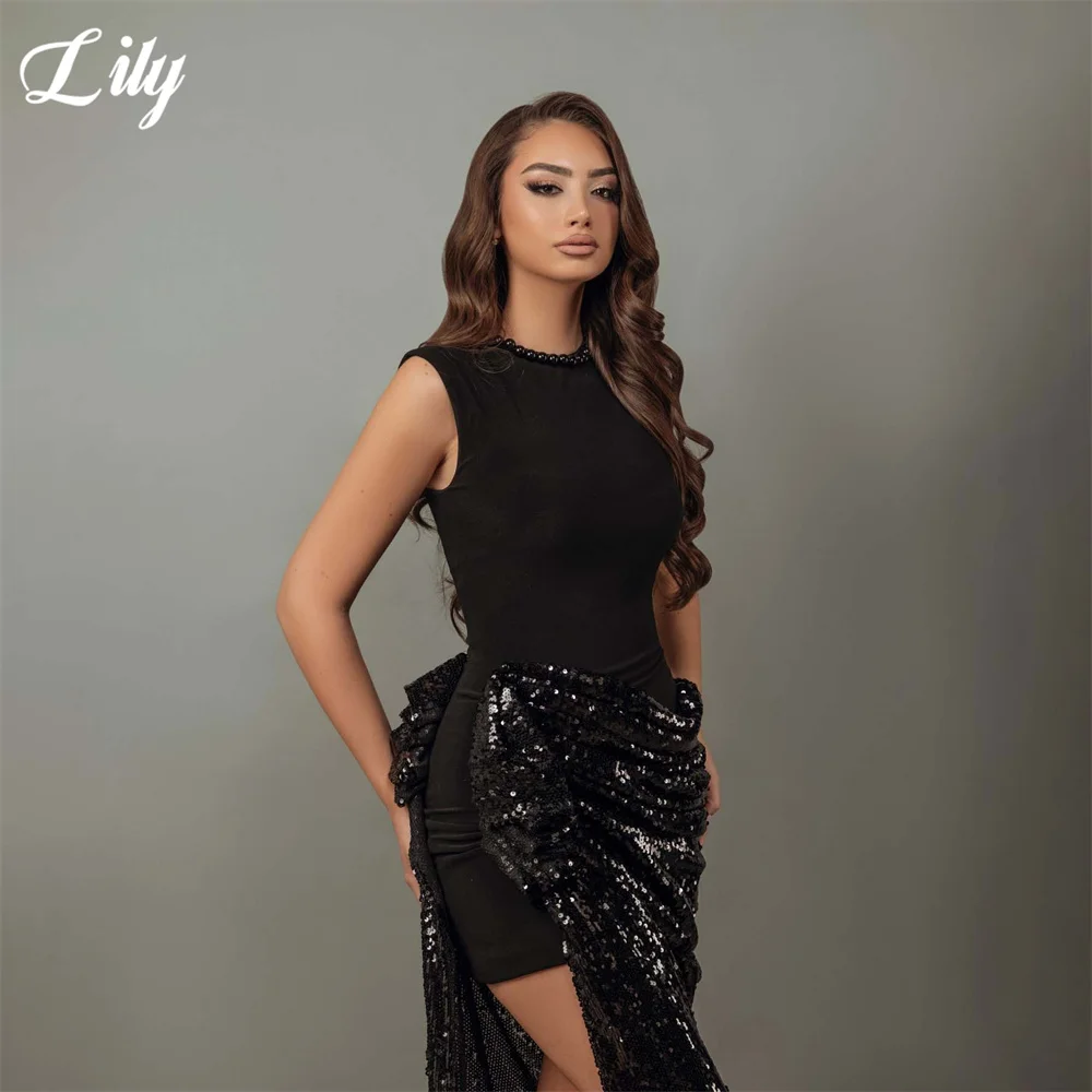 Lily Black Evening Dresses Sequin Trumpet Gala Dresses with Beaded Trim Neck Formal Dress Sleeveless Party Dresses Customized