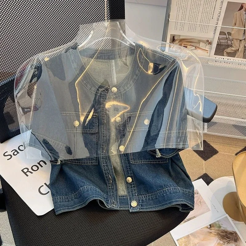 Women's High-Waisted European Denim Shirt Summer round Neck Short-Sleeved Outwear Casual Retro Hong Kong Style Top