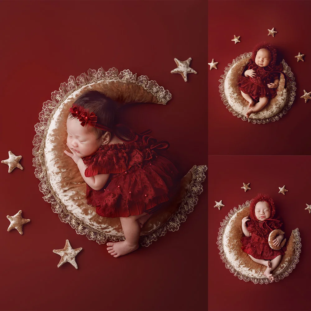 Baby Girl Photography Props Red Lace Dress+hat Headband Baby Posing Moon Pillow Mini Star Moon Decor Prop for Professional Photo