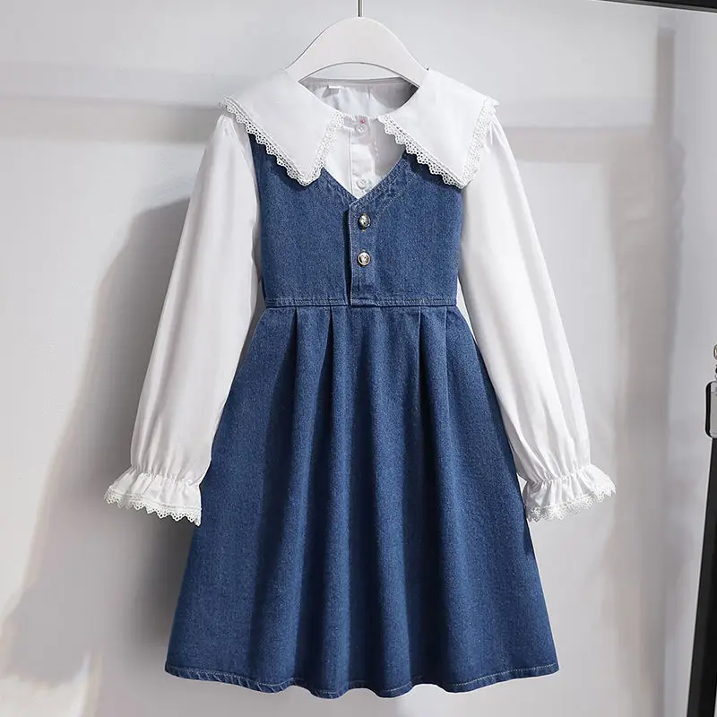 

Girls' 2025 New Spring Autumn Denim Shirt Dress Two-Piece Set Korean Style Chic Princess Dress for 4-12 Years Old