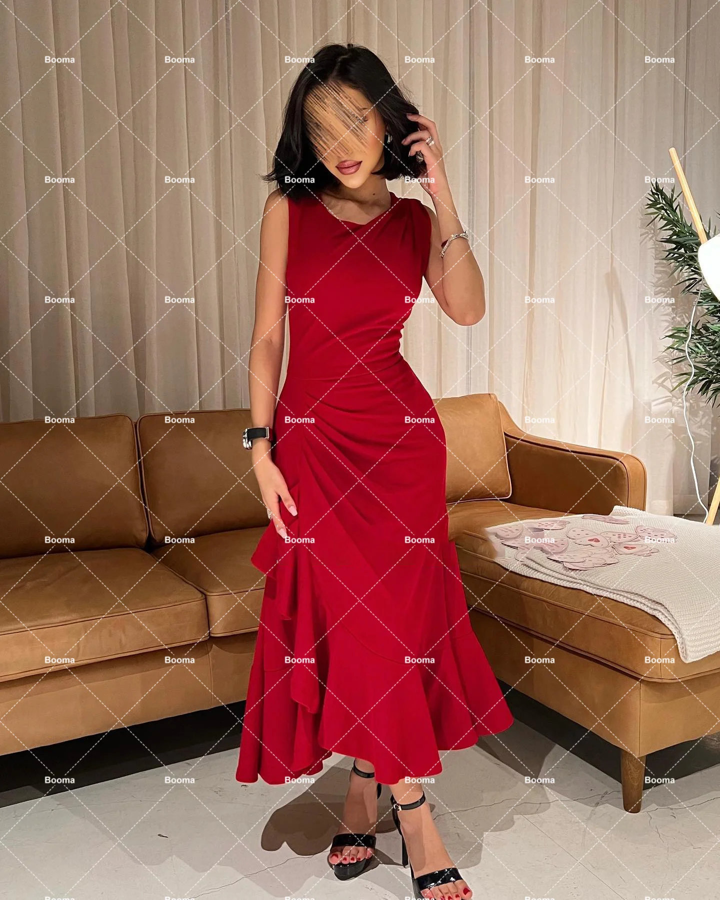 Booma Red Elegant Mermaid Evening Dresses O Neck Sleeveless Ruffles Prom Gowns for Women Ankle Length Formal Occasion Dress