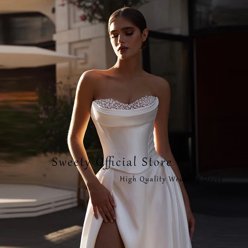 Luxury Wedding Dress Soft Satin With Sequins Slit A Line Ball Gown Strapless Bridal Back Lace Up Vestido De Novia Customized