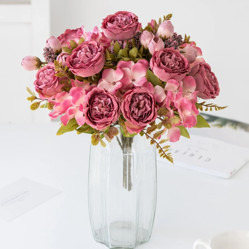 1/3 Stück künstliche Blumen Weihnachtsgirlande Hochzeit Garten Rosen Fotos Bogen Pfingstrose Blumensträuße Home Room Decor Seidenhortensien – Detail 7