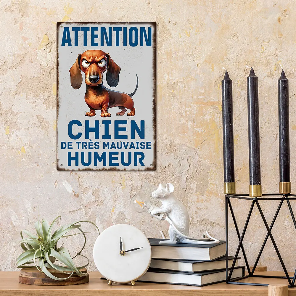 Putuo Decor 1pc French Vintage Metal Tin Sign, Attention Chien De Très Mauvaise Humeur, Gift