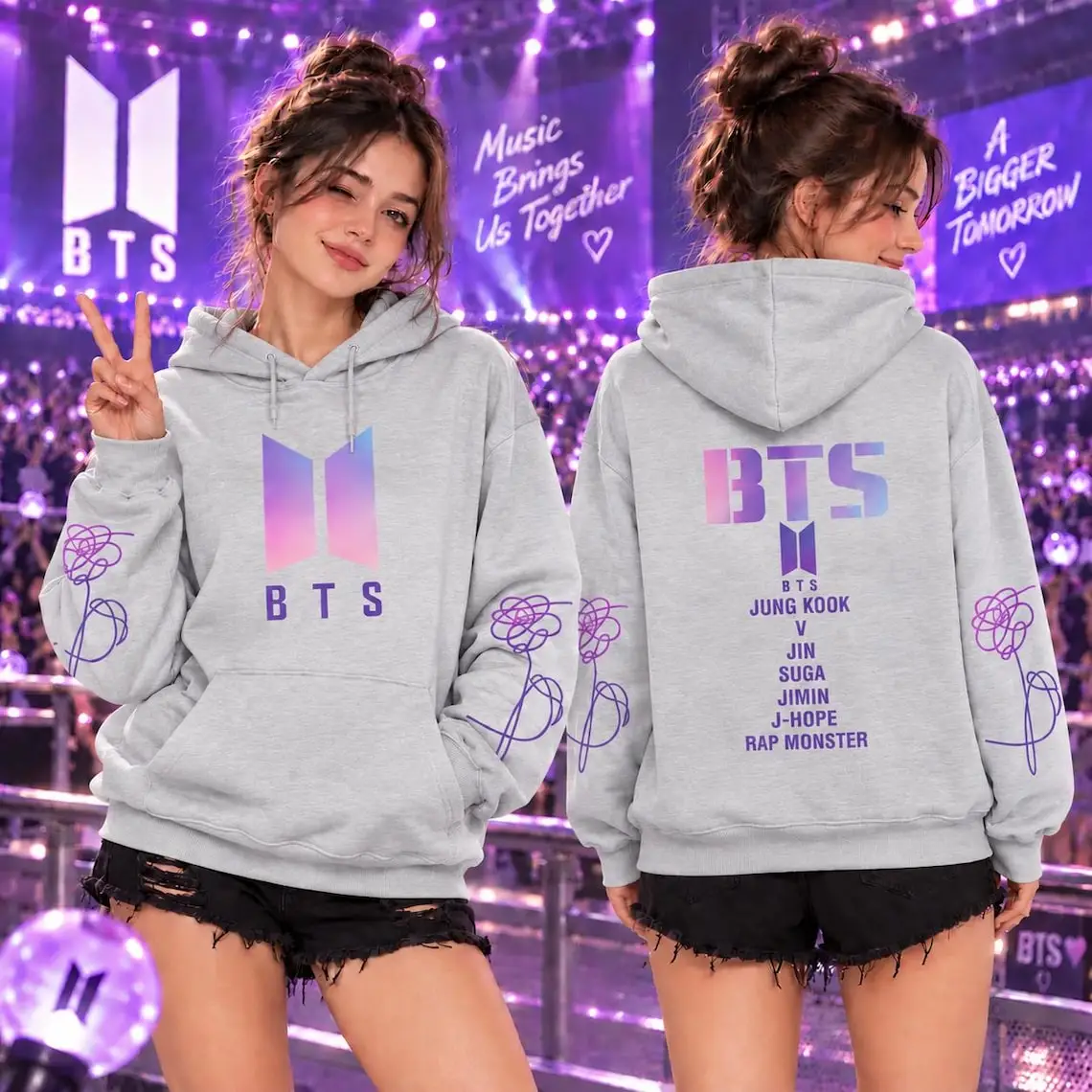 BTS Doppelseitiger Hoodie für Herren und Damen mit Farbverlauf-Logo, Mitgliedernamen und Blumenmuster am Ärmel, Kpop-Fans Freizeit-Pullover-Sweatshirt – Detail 4