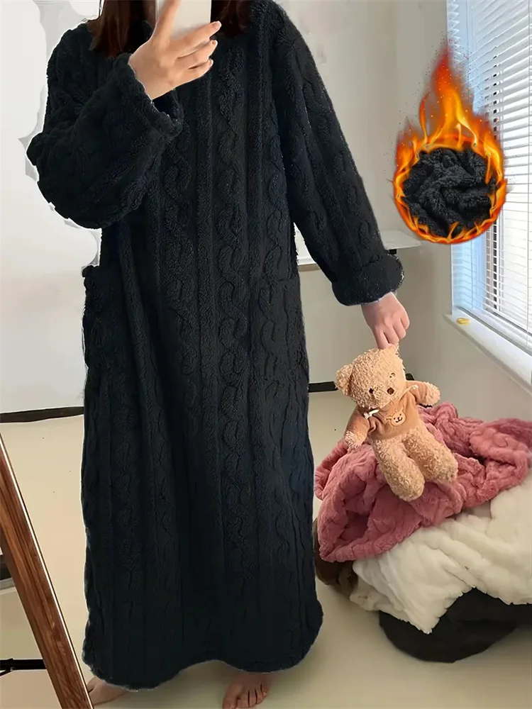 

Женские зимние фланелевые ночные рубашки с длинными рукавами, свободная однотонная одежда для сна, жаккардовое ночное платье с двойными карманами, утолщенная теплая ночная рубашка