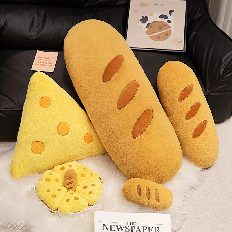 Cute Big Baguette/Cheese Plush Toy Pillow Stuffed Simulation Food Bread Soft Doll Birthday Christmas Gift for Kids