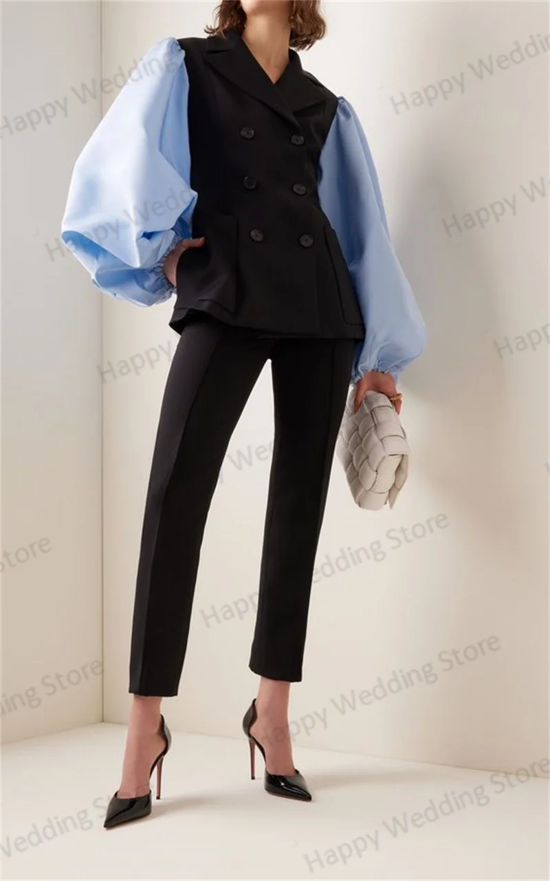 Black Blue Women Suits Set 2 Pieces Blazer With Puffy Sleeves+Pants Fashion Prom Dress Tuxedo Custom Made Splicing Colors Jacket