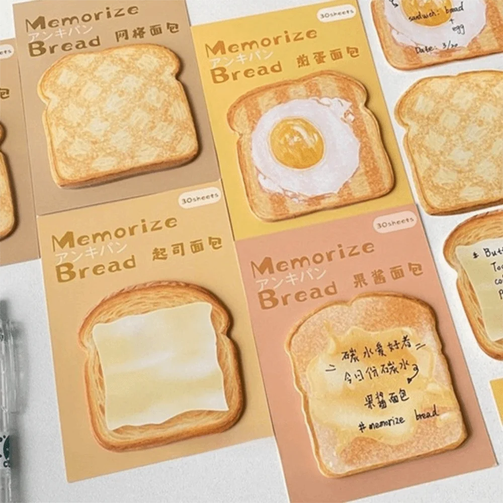 30 Sheets Simulated Toast Sticky Note Pad Cartoon Self-adhesive Tearable Memo Pad Simulated Bread Shape To Do List Notepad