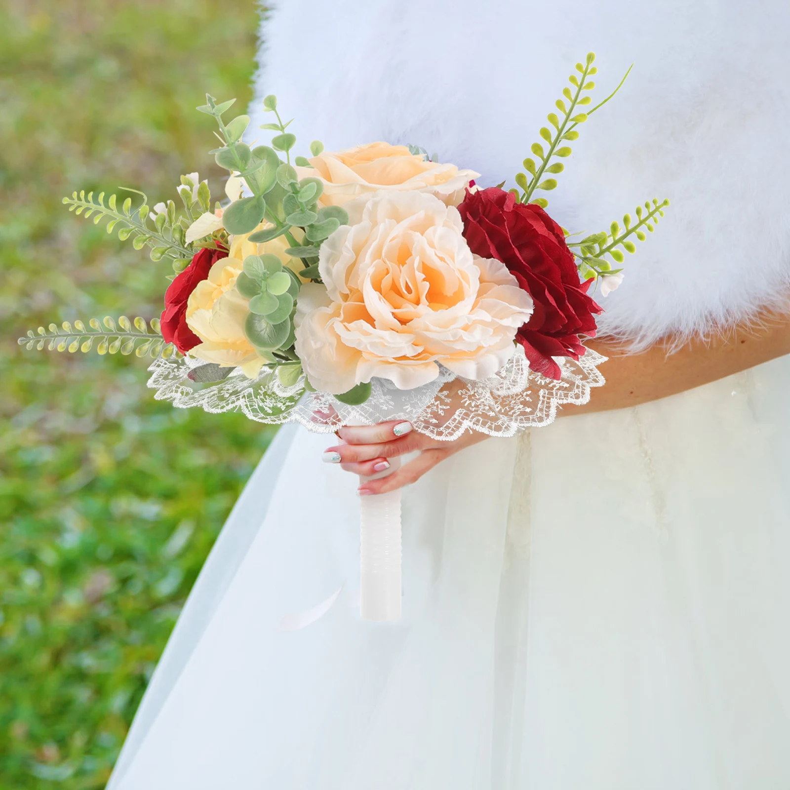 

2Pcs Bridal Bouquet Collar with Lace Decor for Wedding Flower Arrangement Hand bouquet DIY Craft Artificial Flowers