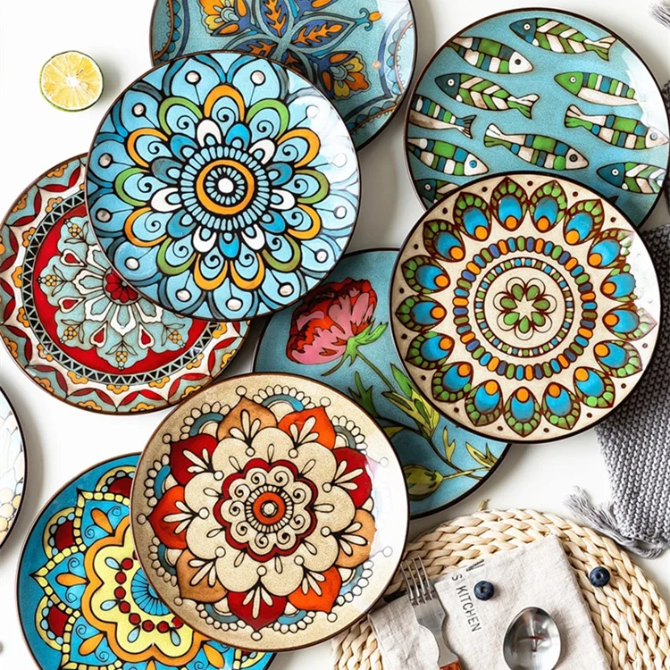 Creative ceramic dishes dishes domestic tableware steak dishes round flat western dishes hand-painted European