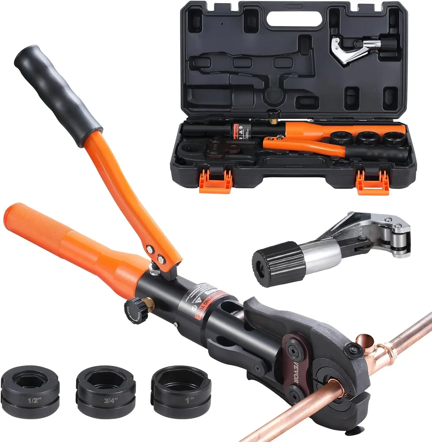 

Copper Pipe Crimping Tool, Hydraulic Driven Press Tool with 1/2", 3/4", 1" Jaws, Copper Tube Fittings Pipe Crimpers for Narrow