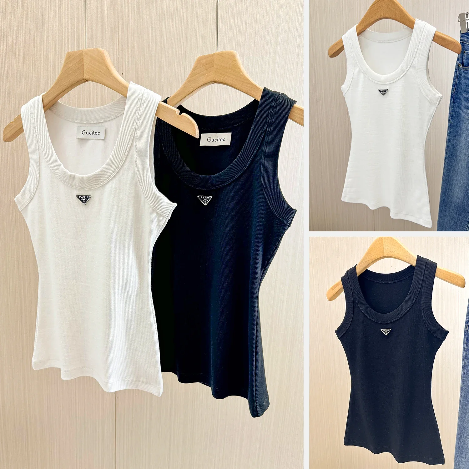 

Stylish Halter Tops Sleeveless Top Triangle Logo Summer New Non-slip Elastic Cotton Knitted Rib Vest Sexy Women's Wear