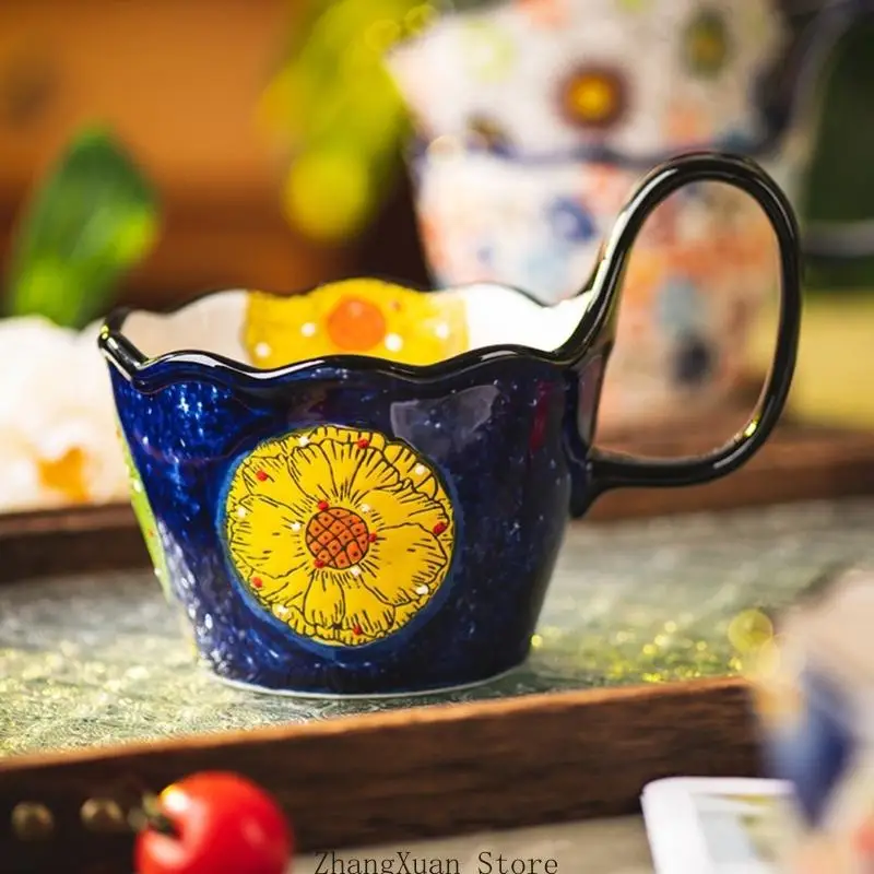 Handled Ceramic Serving Bowl for Soup, 400Ml Florals Bowl with Wide Handle and Waves Edges for Breakfast and Noodles Meals 3XUF