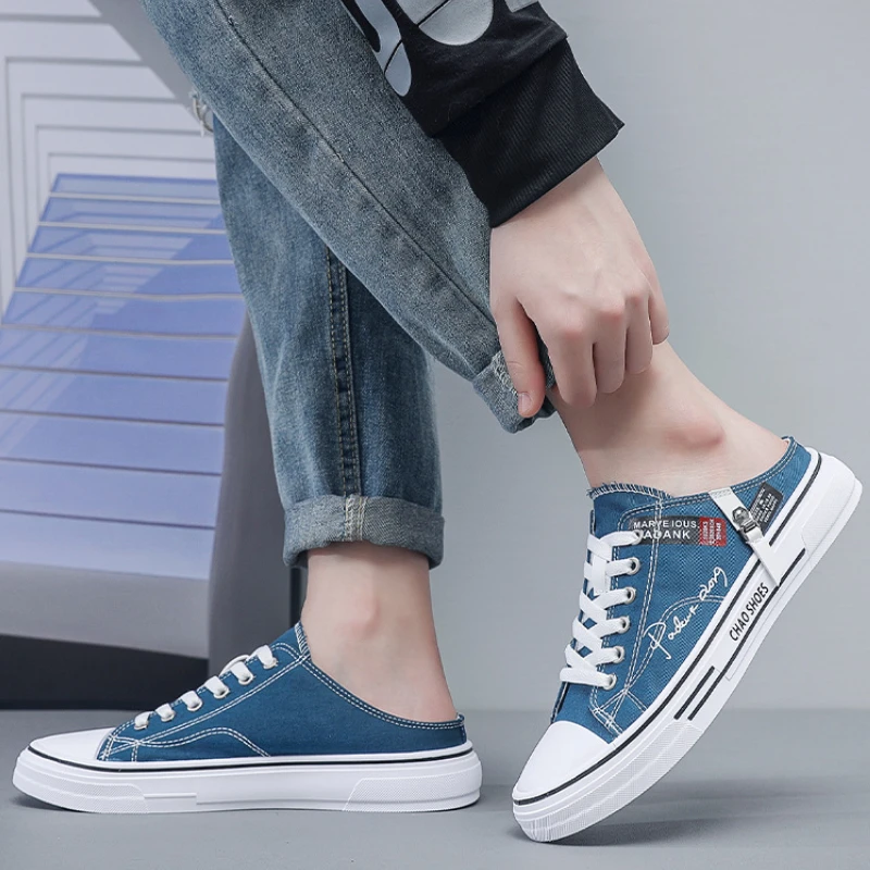 

Trend Summer Man Vulcanized Shoes Designers Men's Half Slippers Non Slip Wear Resistant Canvas Shoes Shallow Mouth Shoes for Men