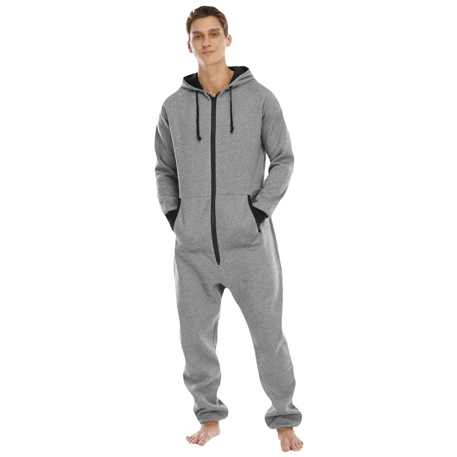 Men\'s Long Sleeve Pajamas Zipper V Neck Solid Color Hoodie Sleepwear Men Fall And Winter Casual Pants 1 PC Jumpsuit