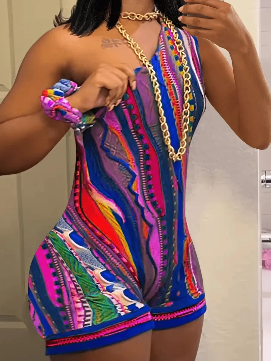 LW Asymmetrical Neck Multicolor Bodysuits One Shoulder Tribal Mixed Print Romper Sleeveless Stretch Slim Pullover Jumpsuits