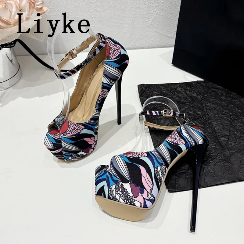 Liyke New Style Hand Painted Leather Extreme High Heels For Women Sexy Peep Toe Wedding Banquet Shoes Stiletto Platform Pumps