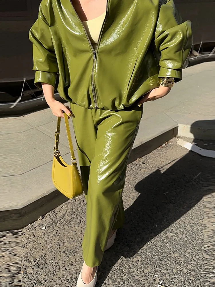 เสื้อแจ็คเก็ตหนังสีเขียวมะกอก Silhouette Vintage High Street Trend Zipper Lapel สั้นเสื้อกันหนาวหลวม Casual Top Outwear ฤดูใบไม้ร่วง