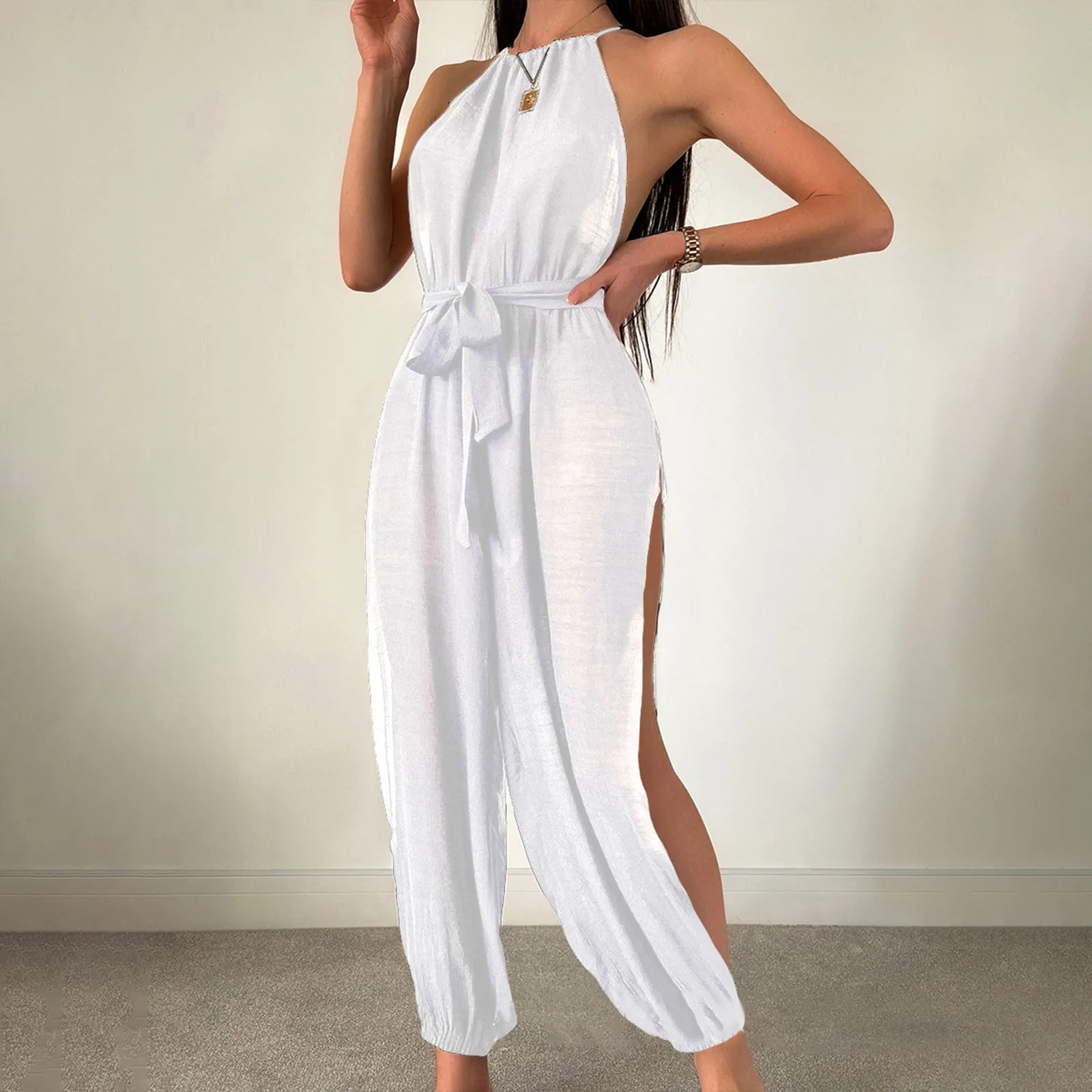 Women's Sleeveless Beach Coverup Solid Color Versatile Strap Fashion Slim Fit Jumpsuit