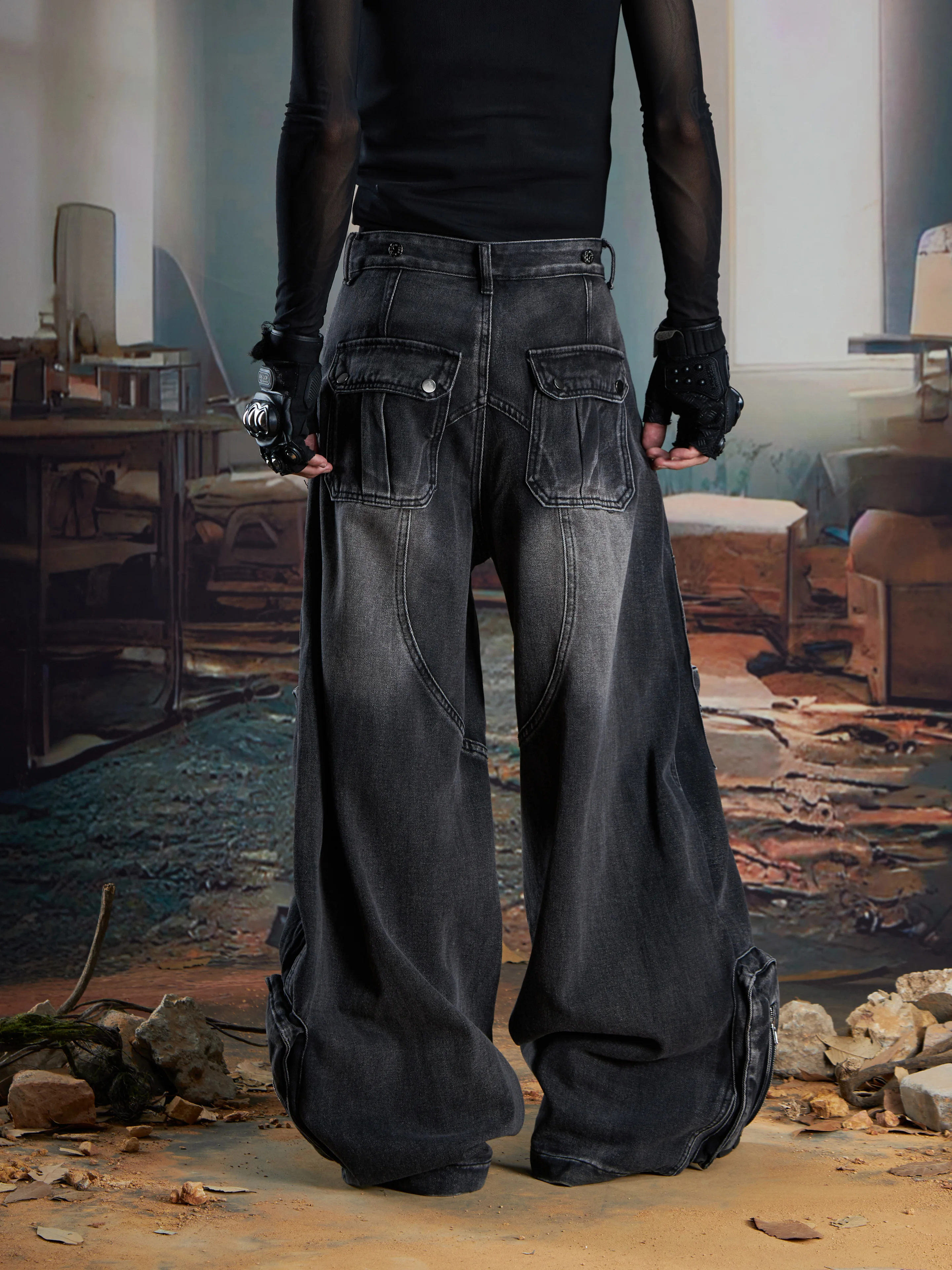 Three-Dimensional Pocket Distressed Waste Soil Wide Leg Machete Jeans Trousers Men and Women Pants