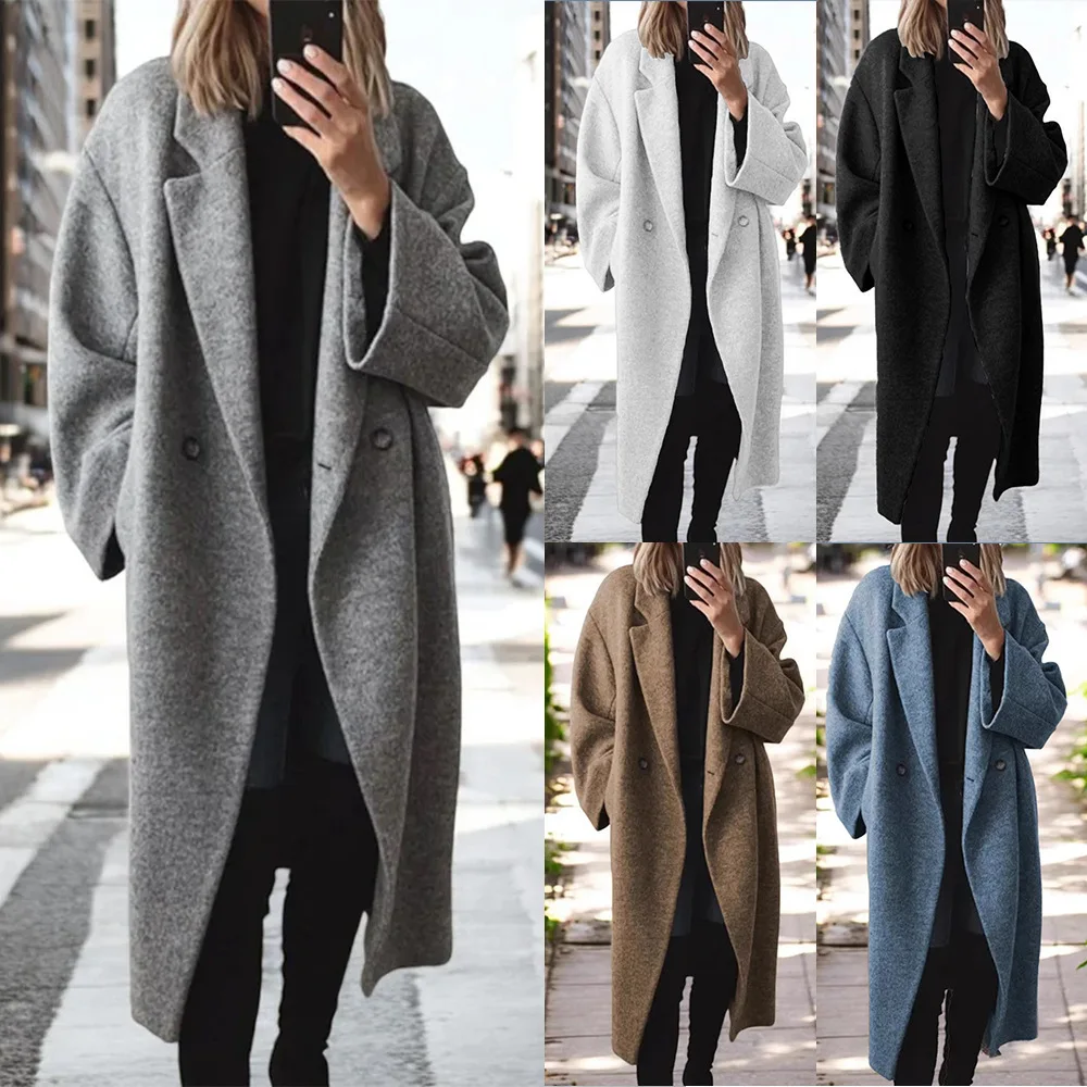

Extended Length Woolen Women's Coat Multiple Colors Multiple Sizes Commute Sle Loose Fit Long Sve Single Button Closure