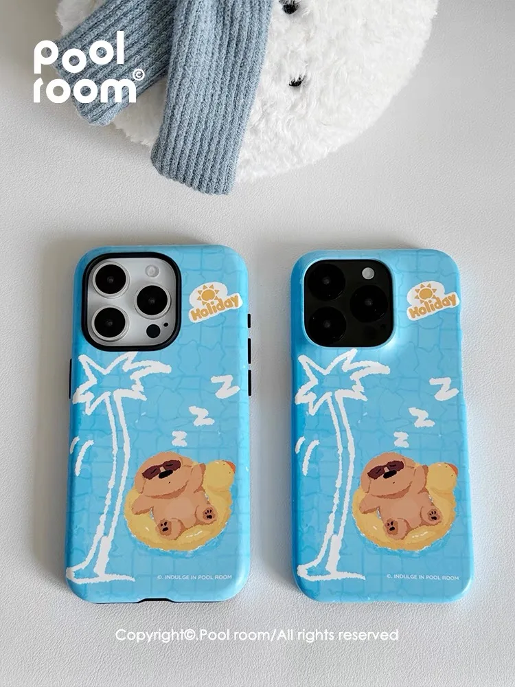 Ins. Korean Summer Swimming Pool Puppy Blue Phone Case for Iphone 15 14 13 Pro Max 11 Crylic Fundas Hard Back Protective Shell