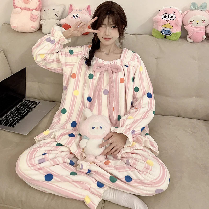 

Комплекты пижам с сердечками для женщин, из микрофибры, двухслойные, теплые, мягкие, прочные, легко стираются, простые в уходе, для осени и зимы, 2026