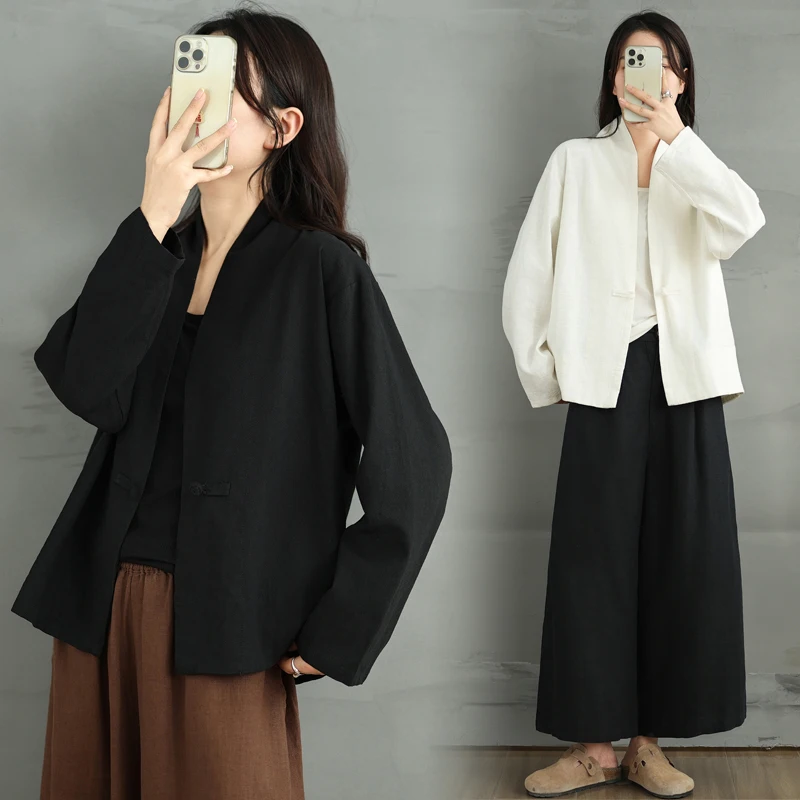 

Retro Chinese Style V-Neck Open Cardigan Long Sleeve Loose Cotton Linen Color Outerwear Autumn Fashion Ladies Jacket