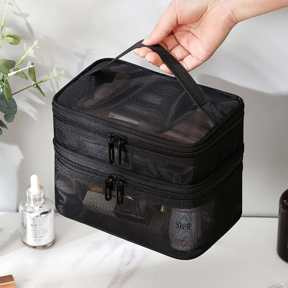 Borsa per cosmetici in rete a doppio strato custodia per trucco portatile da donna custodia per trucco con cerniera da viaggio di grande capacità