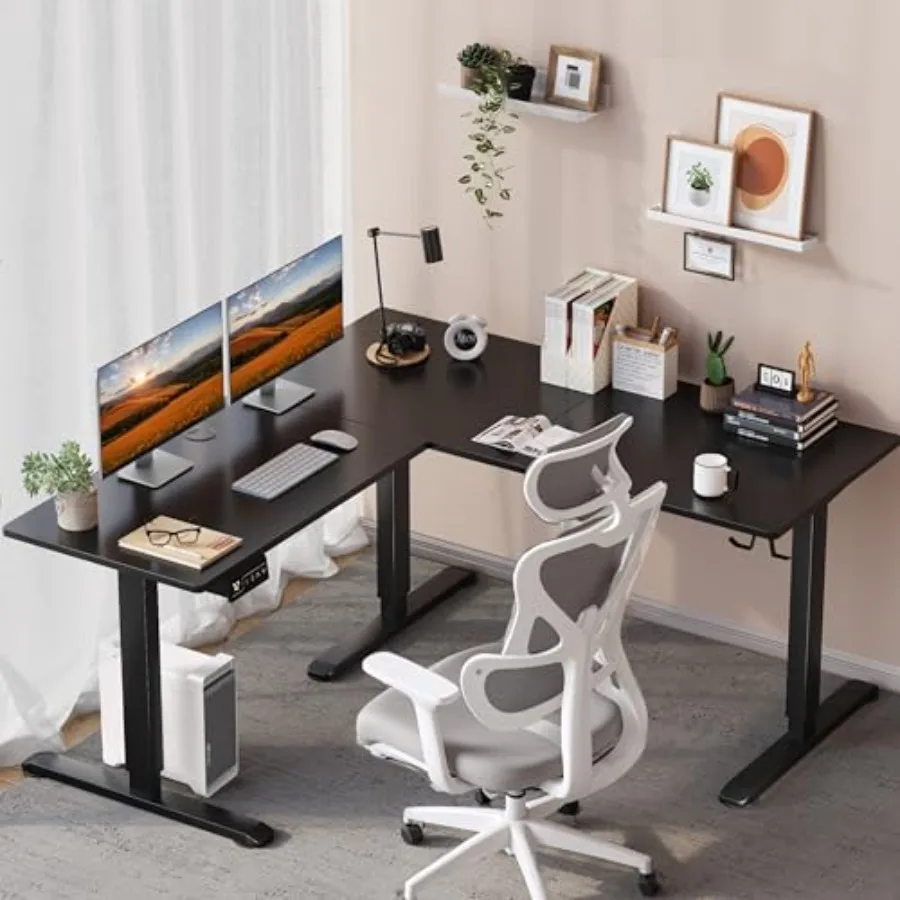 L-Shaped Electric Standing Desk for Home Office, Steel Frame, White, 250 lb Capacity Quiet Dual Motor