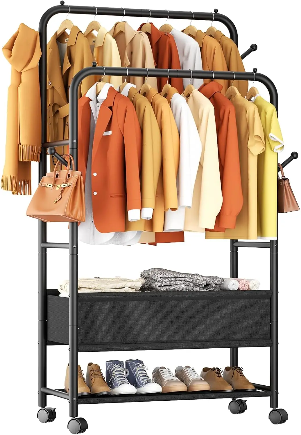 

Portable Rolling Garment Rack with Wheels, Double Rods Metal Clothes Rack for Bedroom Laundry Living Room Storage