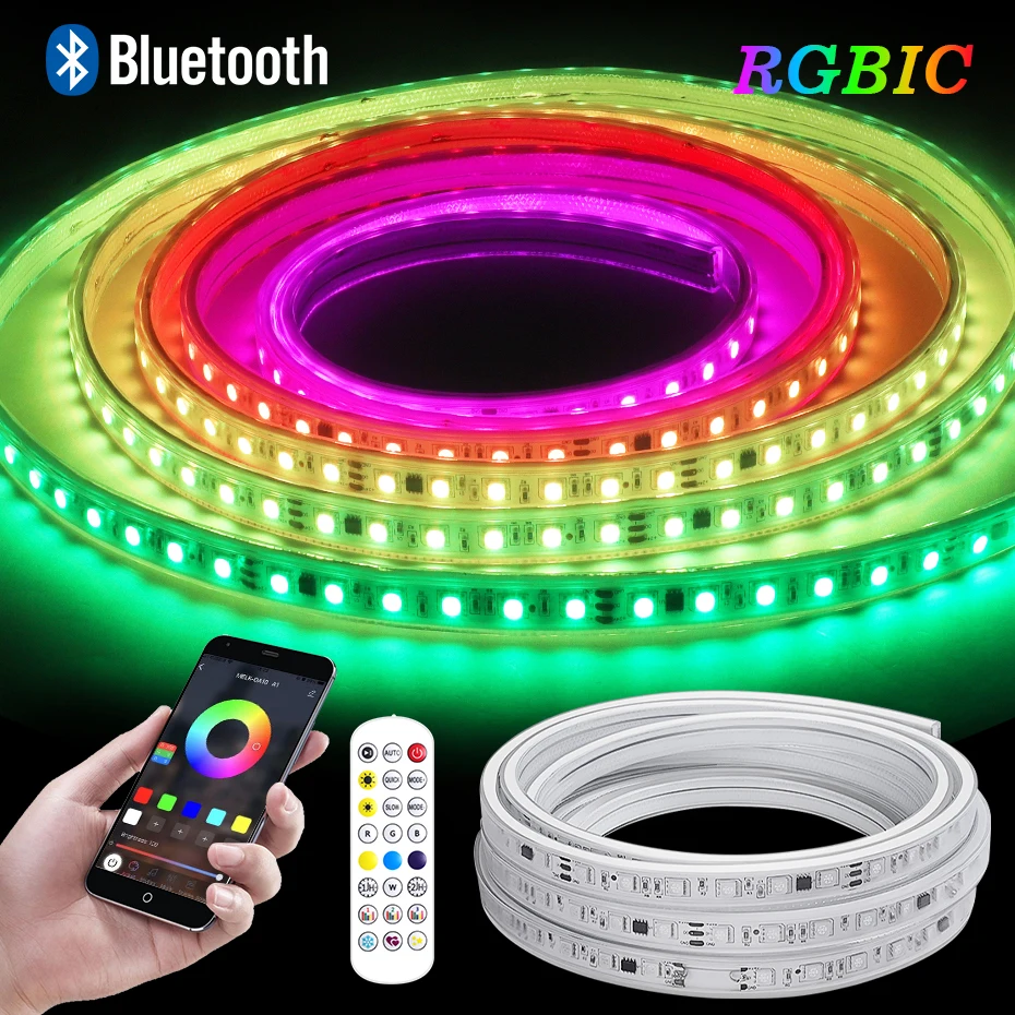 

Умный Bluetooth RGBIC 110V 220V светодиодные полосы огни 10м 15м 30м 50м Dreamcolor водонепроницаемый светодиодный лента домашнее наружное украшение