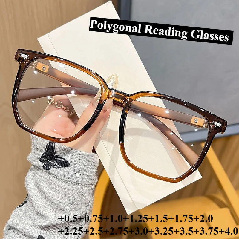 Polygon-Lesebrille mit großem Rahmen +0,5 +0,75 +1,25 ~ +4,0 Damen Herren Anti-Blaulicht-blockierende Brille Optisches Spektakel