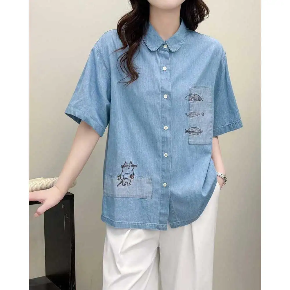 

Japanese Vintage Mori Girl Kawaii Cat Fish Embroidery Denim Shirts Women Summer Turn Down Collar Short Sleeve Denim Blouses Tops