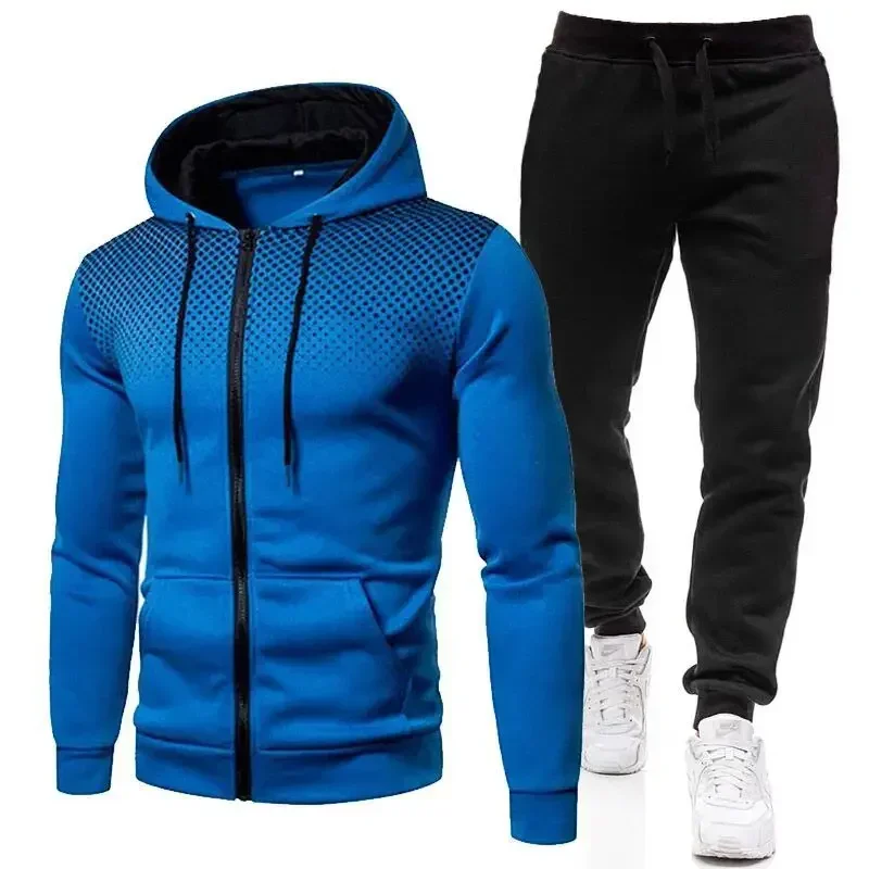 Fashion Print Tracksuit for Men Zipper Hooded Sweatshirt and Sweatpants Two Pieces Suits Male Casual Fitness Jogging Sports Sets