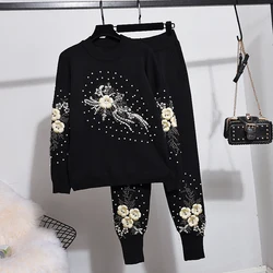 Autumn New Tracksuit Women Beading Flower Knitted Sweater + Pencil Pants Two Piece Set Female Casual Pullover Tops Trousers Suit